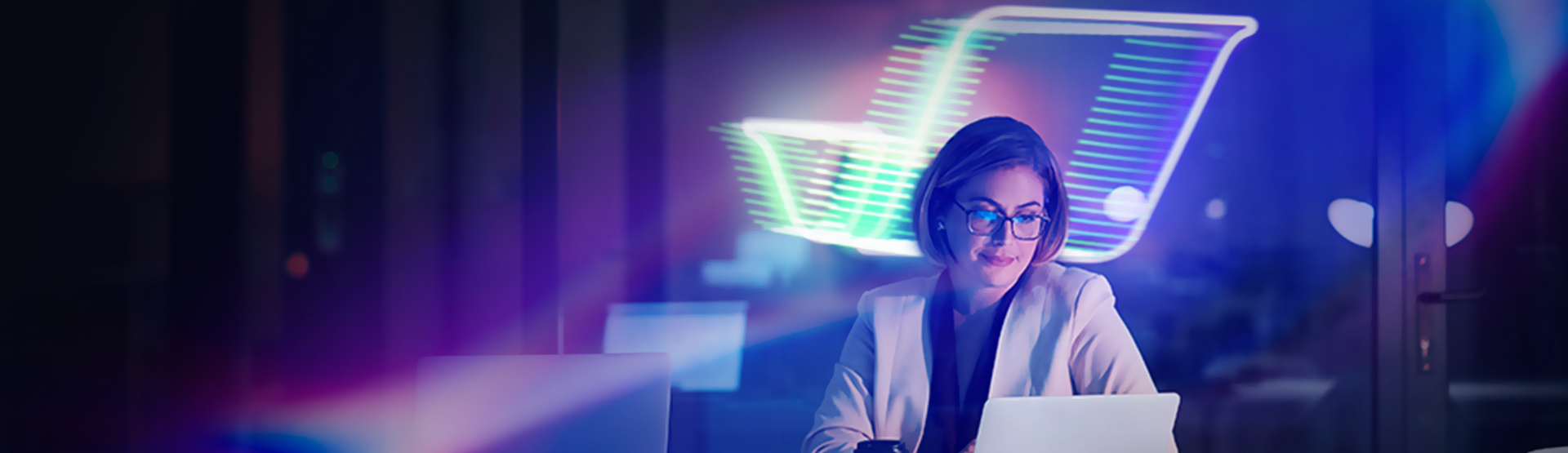 woman at desk with laptop in front of her with neon flydocs logo in the background. Purple filter over the image
