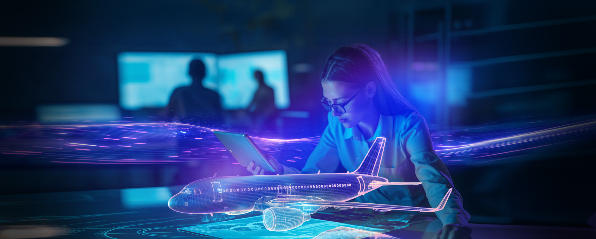 Engineer using tablet to view digital aircraft model and data visualisation in workspace