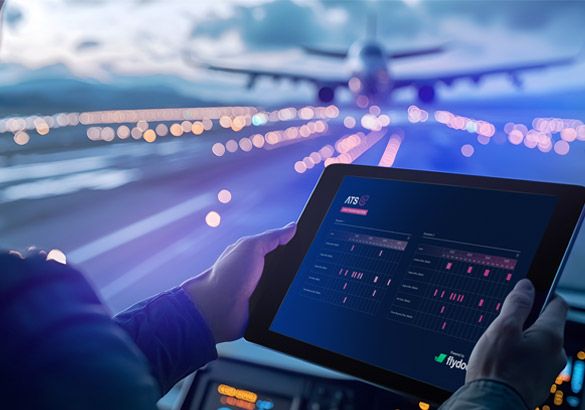 Person holding tablet displaying aviation analytics dashboard with aircraft landing in background