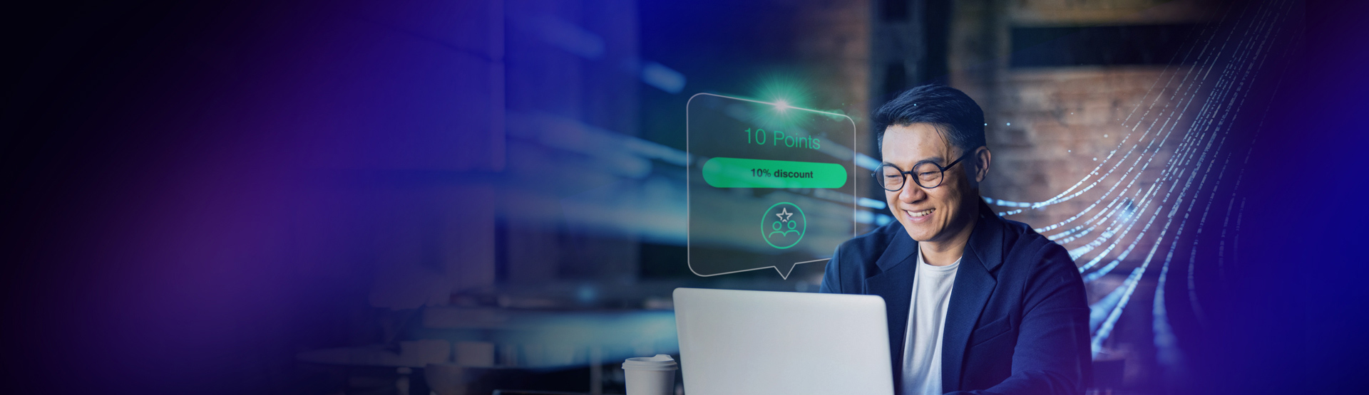 Person using laptop with digital loyalty points and discount interface overlay in modern workspace