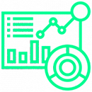 neon green line drawing of dashboard and pie chart to represent progress through visual dashboard