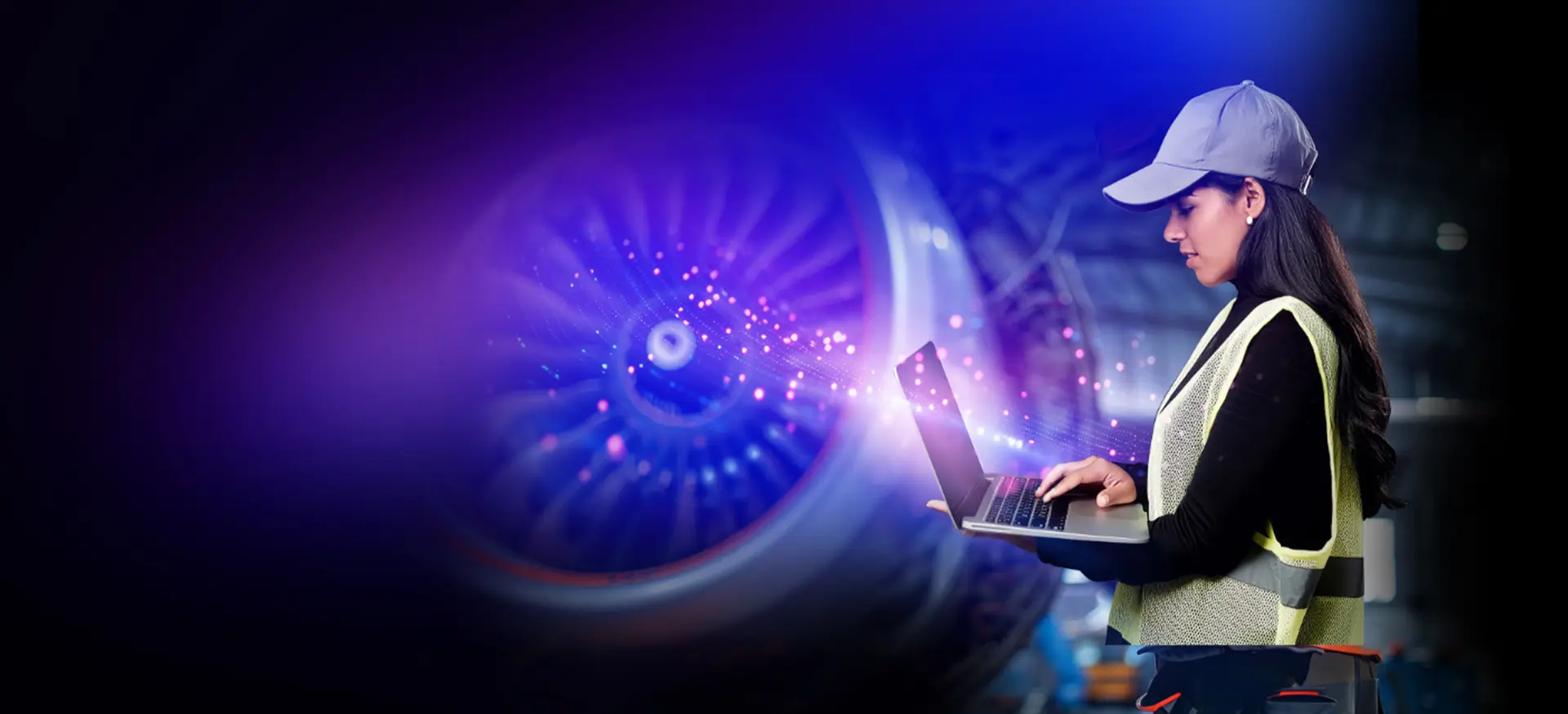 Worker using laptop beside aircraft engine inside hangar